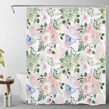 Green Leaf Blue Butterfly Pink Floral Shower Curtain Set for Bathroom Decor — custom printed polyester bath curtain