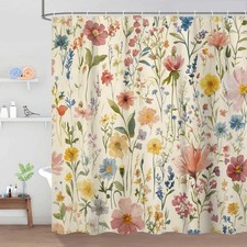 Floral Shower Curtain, Light Yellow Background Vintage Flower Watercolor Plan... — custom printed polyester bath curtain