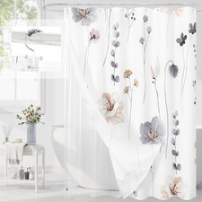 3 In 1 Shower Curtain Set Grey Watercolor Floral Fabric Liner Hooks 72x72 — custom printed polyester bath curtain