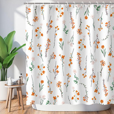 Floral Shower Curtain, Orange Flower Shower Curtain, Plant Shower — custom printed polyester bath curtain
