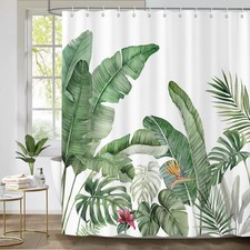 Tropical Watercolor Summer Green Leaves Shower Curtain Set Floral 72x72 Inch — custom printed polyester bath curtain