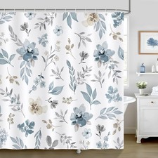 Floral Shower Curtain Blue Beige Flower Leaf Minimalist Waterproof 72x72 Inch — custom printed polyester bath curtain