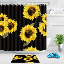 71" Sunflower Floral Shower Curtain Sets Black White Stripes for Bathroom Decor — custom printed polyester bath curtain