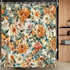 Vintage Shower Curtain Set Orange Flower Plants Boho Waterproof Bathroom Curt... — custom printed polyester bath curtain
