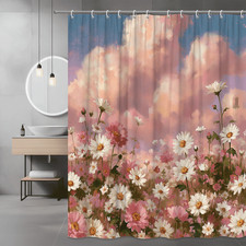 Pink Floral Shower Curtain, Daisy Meadow Cloudscape Print — custom printed polyester bath curtain