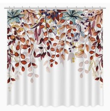 Watercolor Autumn Hanging Leaves Botanical Shower Curtain Set with Hooks — custom printed polyester bath curtain