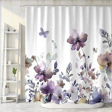 Purple Floral Shower Curtain, Cute Boho Watercolor Flower Wildflower Leaves — custom printed polyester bath curtain