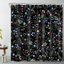 Blue and Pink Wildflower Shower Curtain, Black Floral, 72X72 Inch — custom printed polyester bath curtain