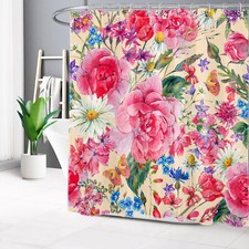 Watercolor Beige Daisy Pink Flower Shower Curtain Bathroom Accessories Set — custom printed polyester bath curtain