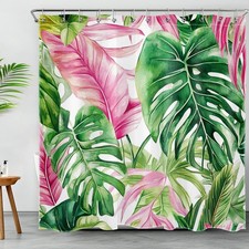 Tropical Plant Palm Leaf Pink and Green Shower Curtain Set for Bathroom Decor — custom printed polyester bath curtain