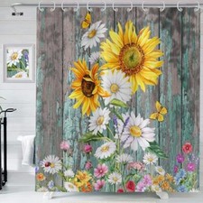Farmhouse Shower Curtain, Spring 72.00" x 72.00" Colorful Sunflower Rustic Wood — custom printed polyester bath curtain