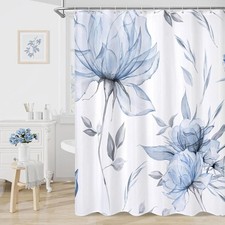 Blue Boho Floral Shower Curtain, Watercolor Botanical Design, 72 x 72 | Boho Flo — custom printed polyester bath curtain