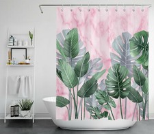 Green Plants Palm Leaf Pink Marble Texture Shower Curtain Set for Bathroom Decor — custom printed polyester bath curtain