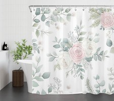 Spring Garden Pink Floral Green Eucalyptus Shower Curtain Set for Bathroom Decor — custom printed polyester bath curtain