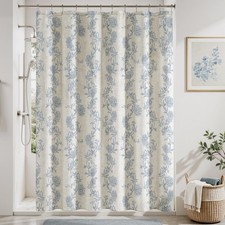 Blue Floral Shower Curtain Farmhouse Bath Decor Linen 72x72 Inch — custom printed polyester bath curtain