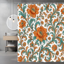 Floral Orange and Teal Shower Curtain - Elegant Bathroom Decor — custom printed polyester bath curtain