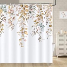 Tan Eucalyptus Shower Curtain, Watercolor Hanging Brown Leaves with Pink — custom printed polyester bath curtain