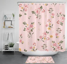 Modern Classic Green Leaf Pink Floral Shower Curtain Bathroom Accessories Set — custom printed polyester bath curtain