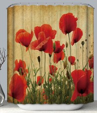 Red Poppy Flowers Fabric SHOWER CURTAIN 70x70 w/Hooks — custom printed polyester bath curtain