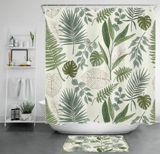 Spring Botanical Sage Green Leaf Beige Shower Curtain Set for Bathroom Decor — custom printed polyester bath curtain