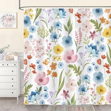 Floral Shower Curtain Cute Watercolor Colorful Flower Leaves Plant 72x72 In — custom printed polyester bath curtain