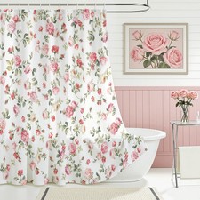 Pink Floral Shower Curtain Vintage Farmhouse Boho Shower Curtain for Boho Flo... — custom printed polyester bath curtain