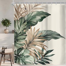 60x72 Inch Palm Tree Green Brown Tropical Leaves Shower Curtain Set With Hooks — custom printed polyester bath curtain