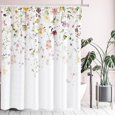 Blooming Pink White Floral Shower Curtain Watercolor Leaves 72x72 Inches — custom printed polyester bath curtain
