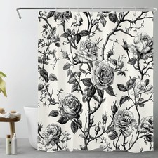 Country Vintage Plant Black Floral Cream Shower Curtain Set for Bathroom Decor — custom printed polyester bath curtain