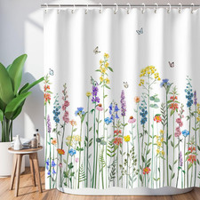 Floral Shower Curtain for Bathroom - Colorful Butterfly Flowered Plant Wildflowe — custom printed polyester bath curtain