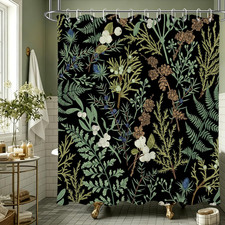 Black and Green Botanical Shower Curtain for Bathroom Vintage Plant Floral Leaf — custom printed polyester bath curtain