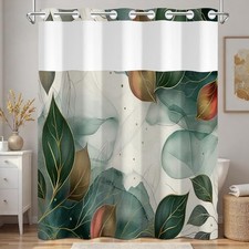 Abstract Botanical Leaf Shower Curtain No Hooks with Liner - 71″W x Green Leaf — custom printed polyester bath curtain