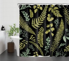 Spring Botanical Sage Green Leaf Black Shower Curtain Set for Bathroom Decor — custom printed polyester bath curtain