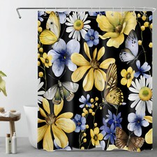 Retro Yellow Butterfly Daisy Floral Black Shower Curtain Set for Bathroom Decor — custom printed polyester bath curtain