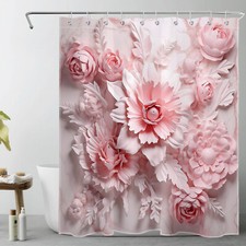 Plant Leaf Pink Floral on Abstract Marble Shower Curtain Set for Bathroom Decor — custom printed polyester bath curtain