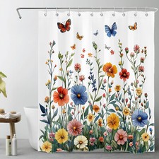 Farmhouse Colorful Butterfly and Flower Shower Curtain Bathroom Accessories Set — custom printed polyester bath curtain