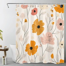 Vintage Flower Orange Abstract Floral Shower Curtain Set for Bathroom Decor — custom printed polyester bath curtain