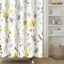 Yellow Gray Floral Shower Curtain,Watercoor Flower Leaves Shower Curtain Set for — custom printed polyester bath curtain