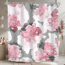 Pink Gray Floral Shower Curtain 60x72 Inch Peony Design Bathroom Decor Set — custom printed polyester bath curtain