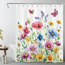 Vintage Plant Pink Butterfly Yellow Floral Shower Curtain Set for Bathroom Decor — custom printed polyester bath curtain