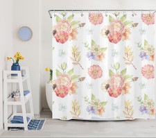 Country Style Botanical Leaf Pink Flower Shower Curtain Set for Bathroom Decor — custom printed polyester bath curtain
