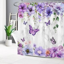 Butterfly Purple Floral Gray Marble Shower Curtain Bathroom Accessories Set — custom printed polyester bath curtain