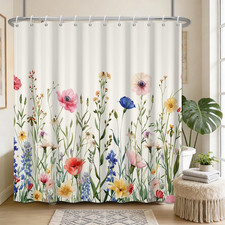 Farmhouse Floral Bathroom Shower Curtain Sets with 12 Hooks, Watercolor Spring S — custom printed polyester bath curtain
