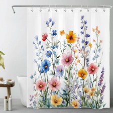 Spring Green Leaf Pink and Blue Wildflower Shower Curtain Set for Bathroom Decor — custom printed polyester bath curtain