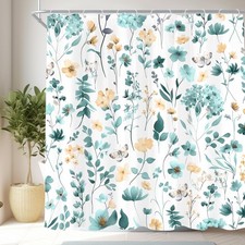 72x72 Inch Teal Floral Wildflower Rustic Bathroom Shower Curtain Set Hooks — custom printed polyester bath curtain
