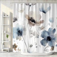 Boho Floral Shower Curtain Cream Tan Beige Blue Grey White Watercolor Fabric — custom printed polyester bath curtain