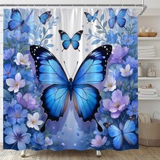 KTGHA Blue Butterfly Shower Curtain Floral Flowers Plants Botanical Spring Na... — custom printed polyester bath curtain