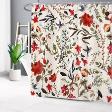 Rustic Plant Green Leaf Red Flower Beige Shower Curtain Set for Bathroom Decor — custom printed polyester bath curtain