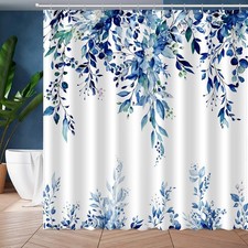 Deep Blue Eucalyptus Leaves Shower Curtain Watercolor Floral 72x72 Inch Hooks — custom printed polyester bath curtain