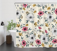 Farmhouse Green Leaves Pink Floral Beige Shower Curtain Set for Bathroom Decor — custom printed polyester bath curtain
